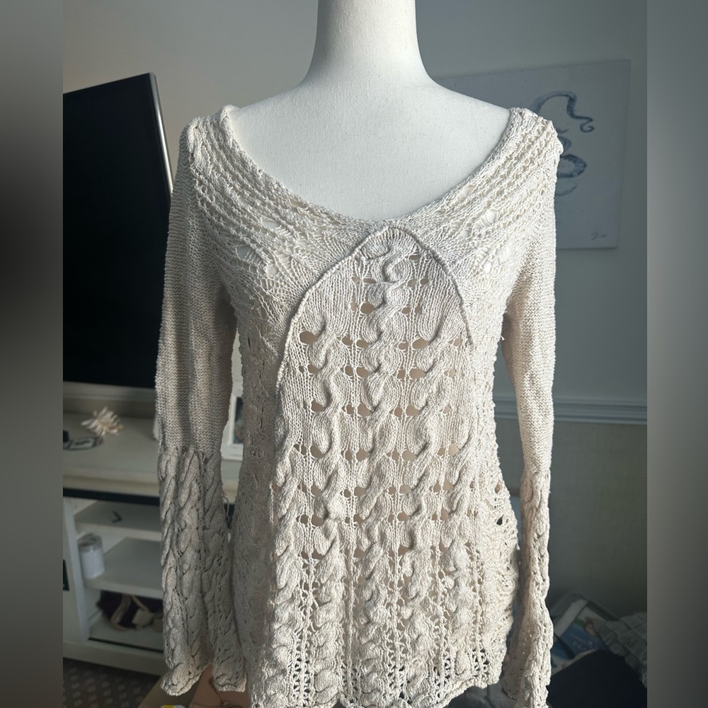 Free People Vintage EUC Open Knit Crochet Cream Scoop Neck Sweater Small